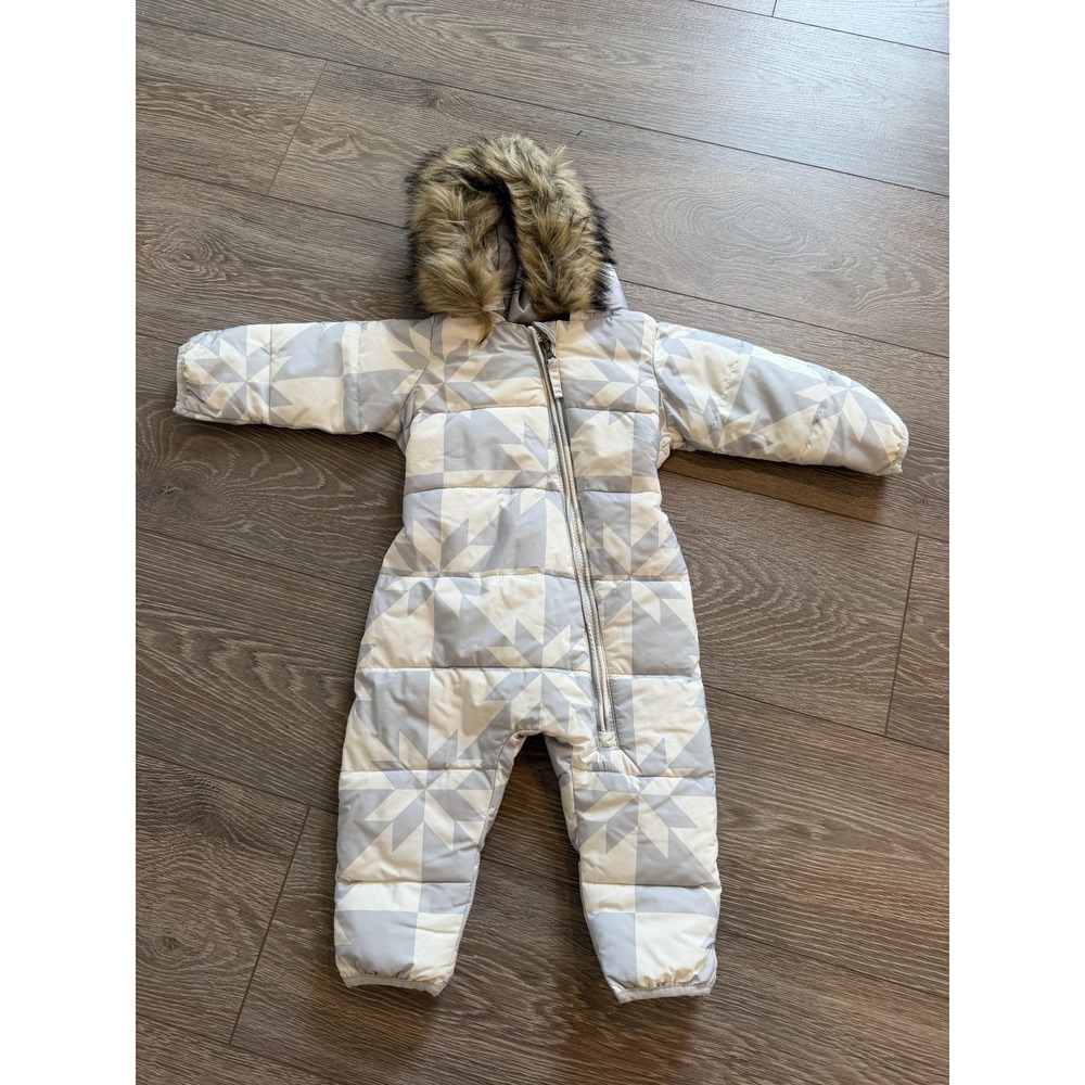 Lands' End Snowsuit Girls 3-6 Months Geometric Star Gray Fur Trim Puffer Hooded
